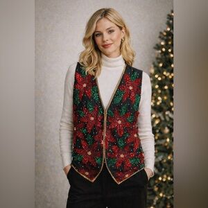 Vintage SCALA Silk Poinsettia Vest Festive Core • Grandma Chic • 90s Holiday XL